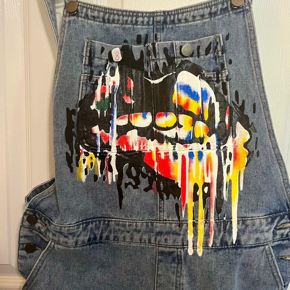 NWT Sheilay Denim Overalls with Colorful Graphic Lip Design Lg - Picture 3 of 9
